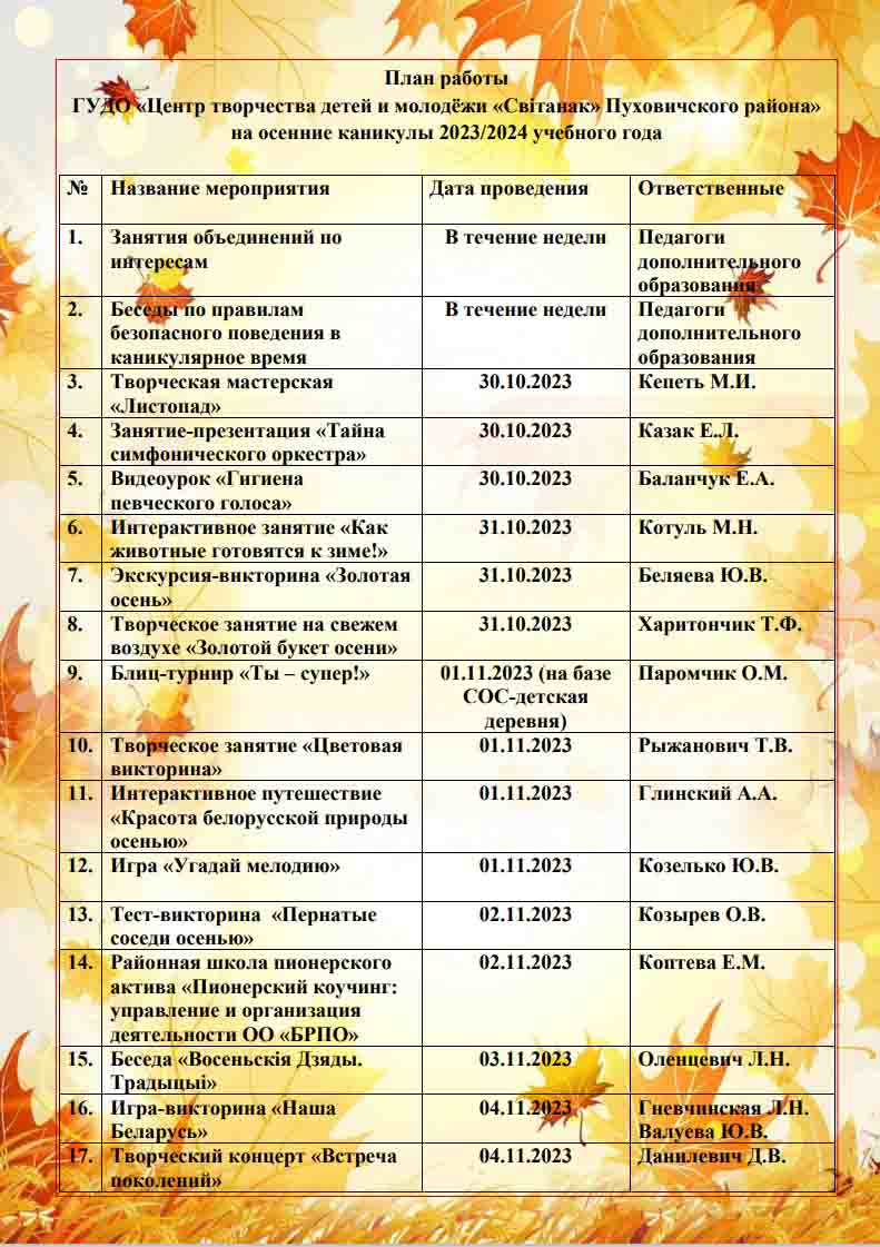 План работы ЦТДиМ Світанак на 2023/2024 учебный год - Центр творчества  детей и молодежи «Світанак» Пуховичского района